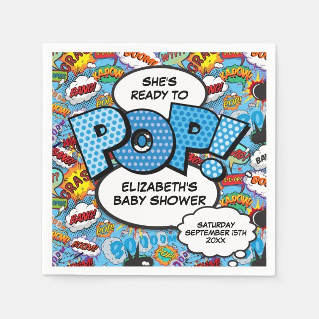 Ready to Pop Baby Shower Blue Comic Book Napkin (Front)