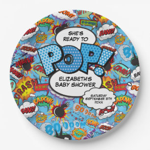 Ready to Pop Baby Shower Blue Comic Book Paper Plate
