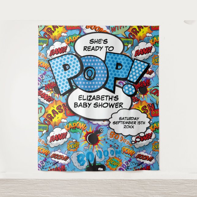 Ready to Pop Baby Shower Blue Photo Backdrop Tapestry (Front)