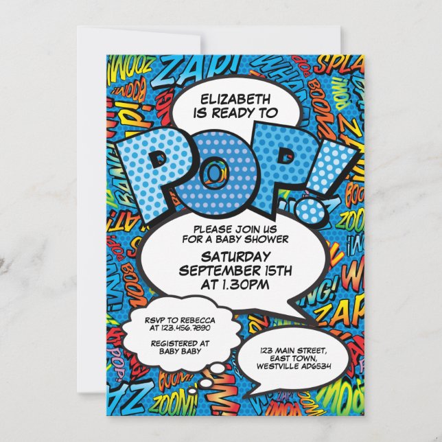Ready to Pop Baby Shower Comic Book Fun Blue Invitation (Front)
