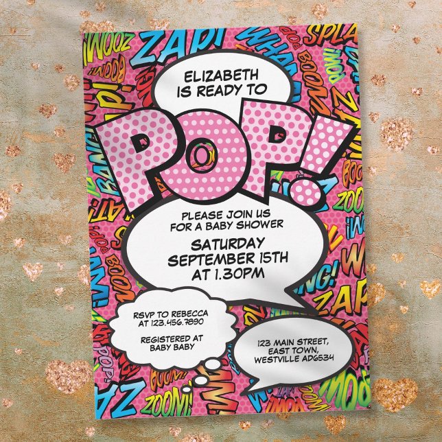 Ready to Pop Baby Shower Comic Book Fun Pink Invitation (Ready to Pop Baby Shower Comic Book Fun Pink Invitation)