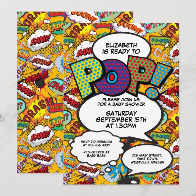 Ready to Pop Baby Shower Comic Book Modern Invitation (Front/Back)