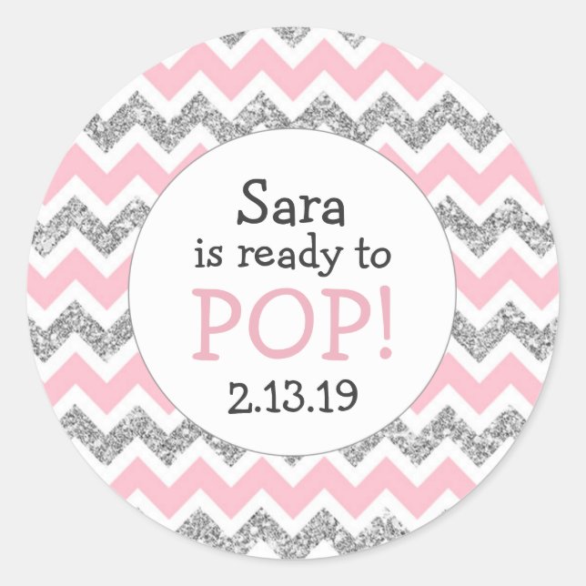 Ready to Pop Baby Shower Favour pink silver glitte Classic Round Sticker (Front)