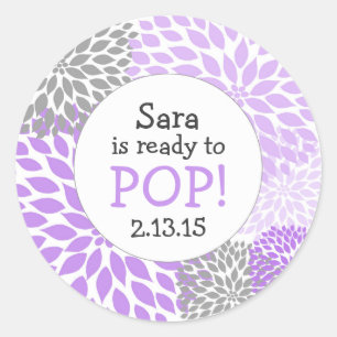 Ready to Pop Baby Shower Favour / purple dahlia mu Classic Round Sticker