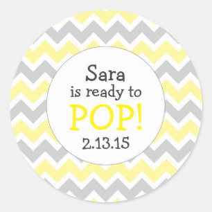 Ready to Pop Baby Shower Favour / yellow chevron Classic Round Sticker
