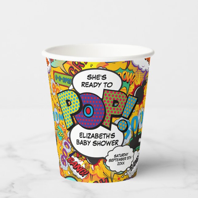 Ready to Pop Baby Shower Fun Comic Book Paper Cups (Front)