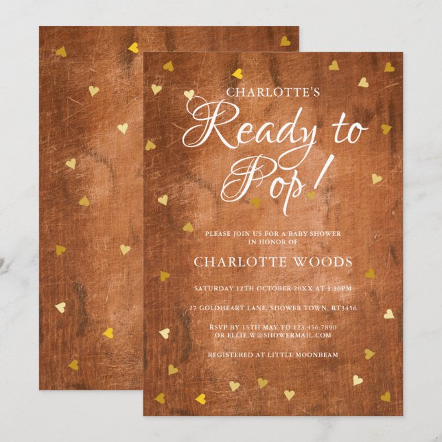 Ready to Pop Baby Shower Gold Hearts Rustic Wood Invitation (Front/Back)