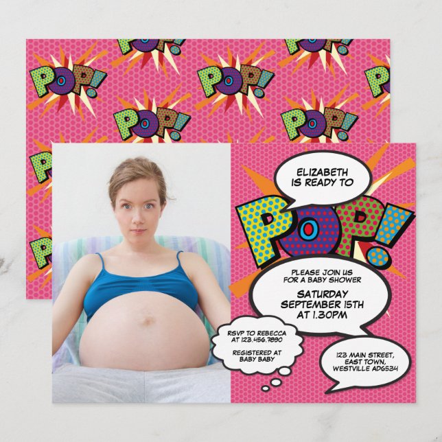 Ready to Pop Baby Shower Modern Girl Pink Photo Invitation (Front/Back)