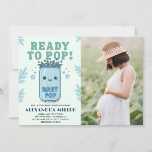 Ready to Pop Baby Shower Photo Blue Kawaii Invitation
