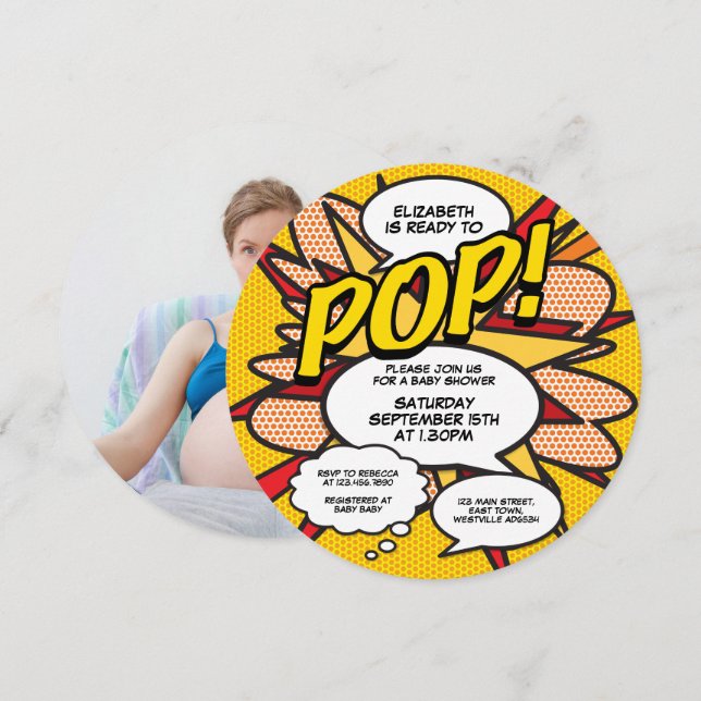 Ready to Pop Baby Shower Photo Fun Retro Comic Invitation (Front/Back)