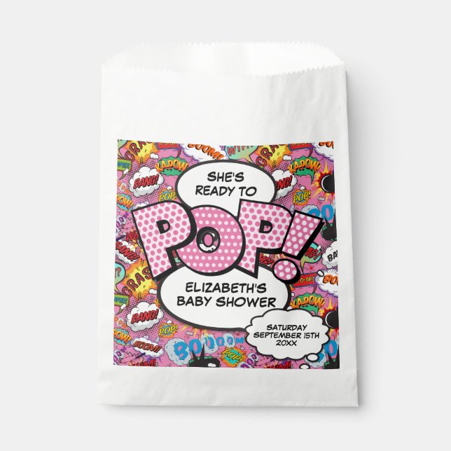 Ready to Pop Baby Shower Pink Comic Book Favour Bags (Front)