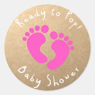 Ready to Pop Baby shower Pink footprints Classic Round Sticker