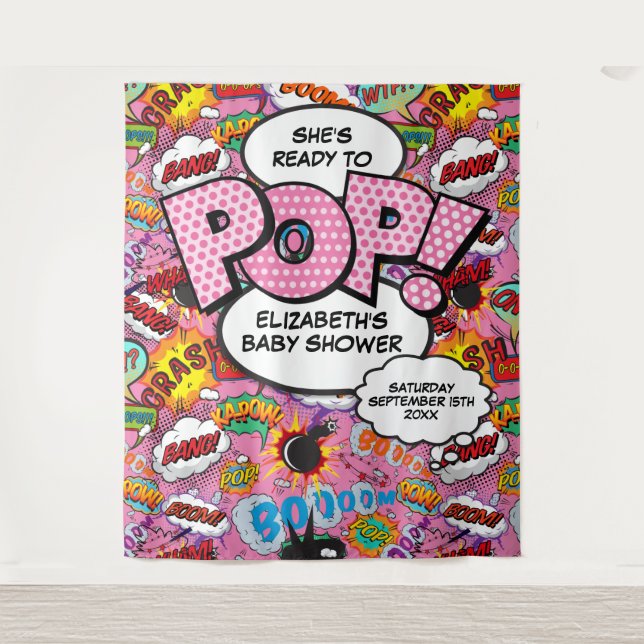 Ready to Pop Baby Shower Pink Photo Backdrop Tapestry (Front)