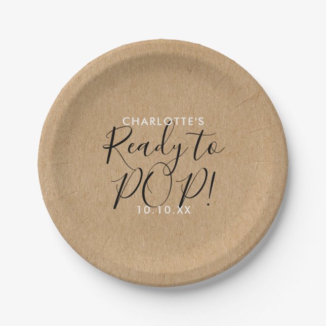 Ready to Pop Baby Shower Rustic Kraft Chic Script Paper Plate (Front)