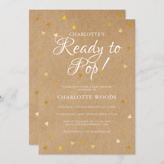 Ready to Pop Baby Shower / Sprinkle Gold Hearts Invitation (Front/Back)