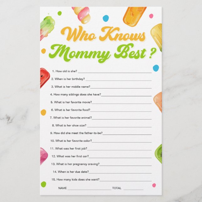 Ready to Pop Baby Shower Who Knows Mummy Best Game (Front)