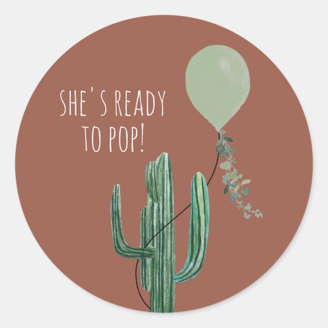 Ready to Pop Balloon Cactus Terracotta Baby Shower Classic Round Sticker (Front)
