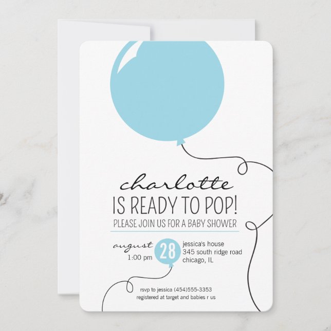 Ready to Pop Blue Balloon Boy Baby Shower Invite (Front)