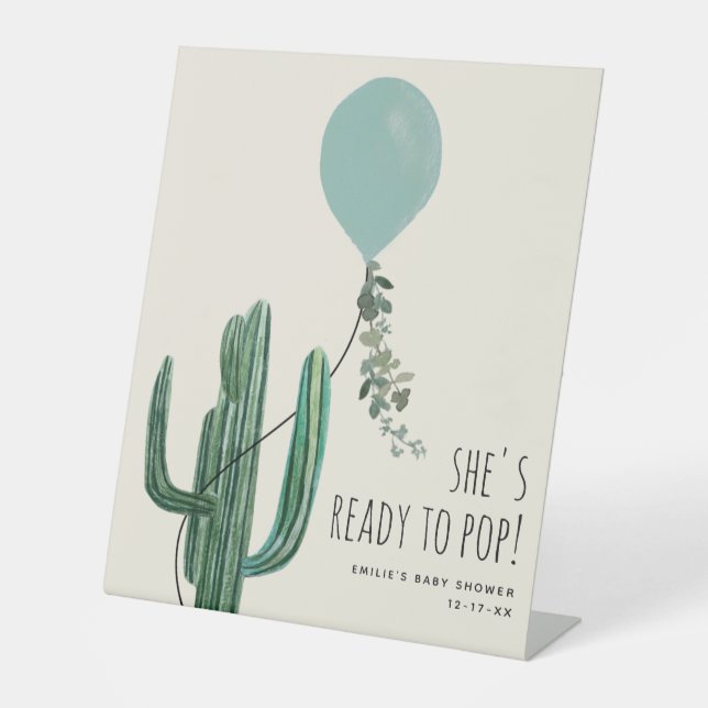 Ready To Pop Blue Balloon Cactus Boy Baby Shower Pedestal Sign (Front)