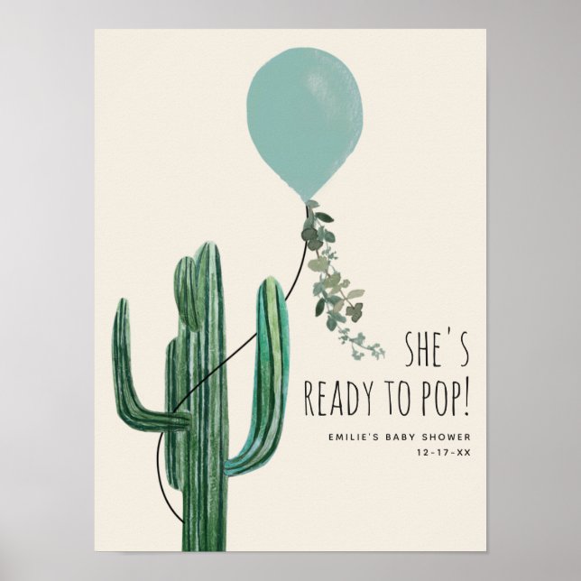 Ready To Pop Blue Balloon Cactus Boy Baby Shower Poster (Front)