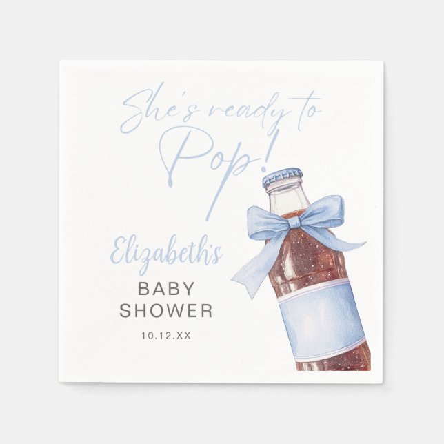 Ready To Pop Blue Bow Soda Bottle Baby Shower Napkin (Front)