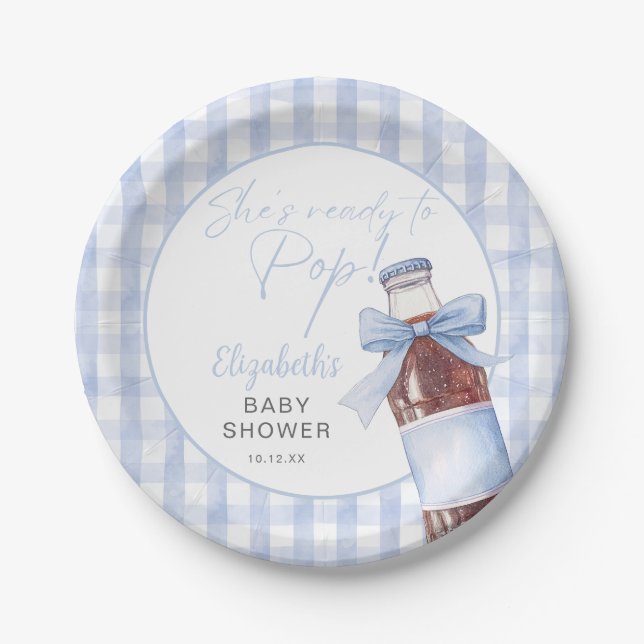 Ready To Pop Blue Bow Soda Bottle Baby Shower Paper Plate (Front)