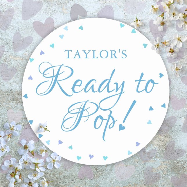 Ready to Pop Blue Love Hearts Baby Boy Shower Classic Round Sticker (Ready to Pop Blue Love Hearts Baby Boy Shower Classic Round Sticker)