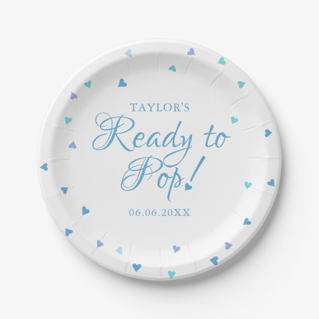 Ready to Pop Blue Love Hearts Baby Boy Shower Paper Plate (Front)