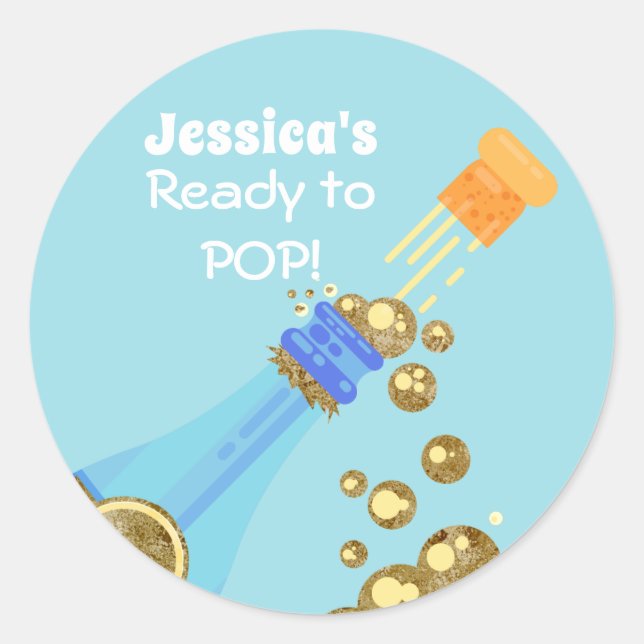 Ready to Pop Champagne Baby Blue Shower Favour Classic Round Sticker (Front)
