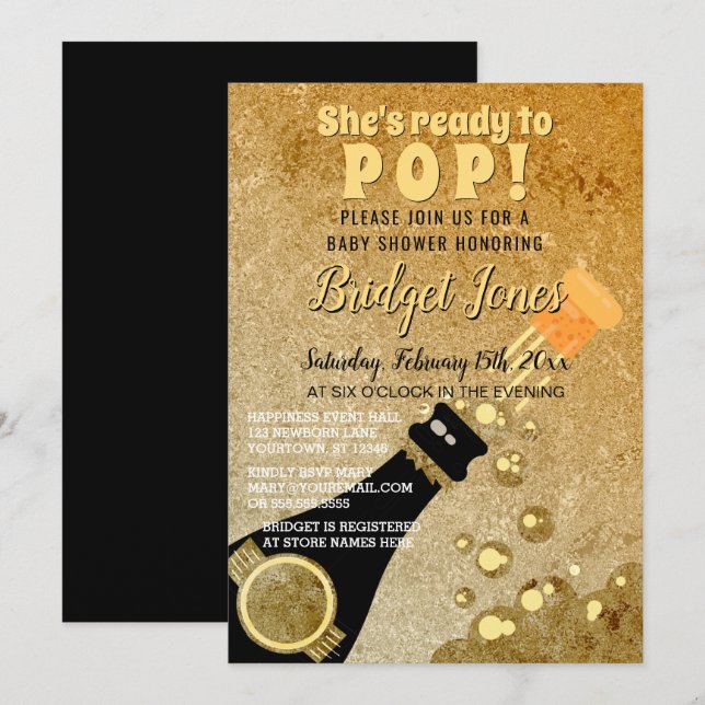 Ready to Pop Champagne Glamourous Gold Baby Shower Invitation (Front/Back)