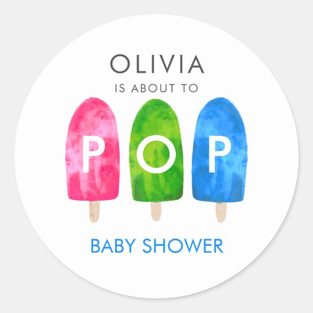 Ready to Pop colourful blue Baby Shower Classic Round Sticker (Front)
