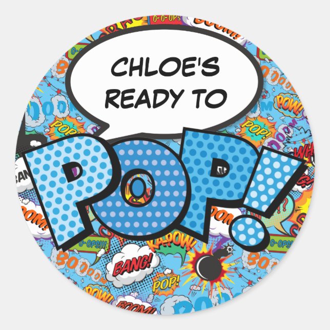 Ready to POP Comic Book Baby Shower Sprinkle Blue Classic Round Sticker (Front)