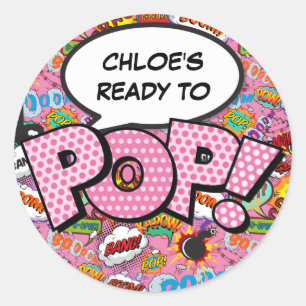Ready to POP Comic Book Baby Shower Sprinkle Pink Classic Round Sticker