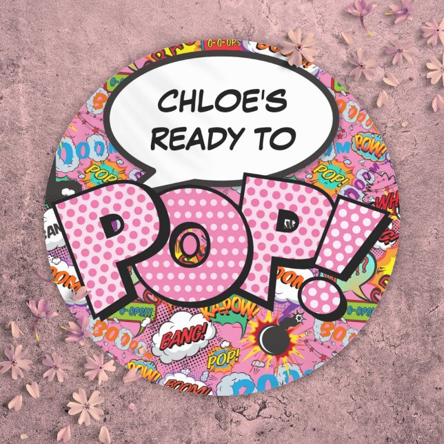 Ready to POP Comic Book Baby Shower Sprinkle Pink Classic Round Sticker (Ready to POP Comic Book Baby Shower Sprinkle Pink Classic Round Sticker)