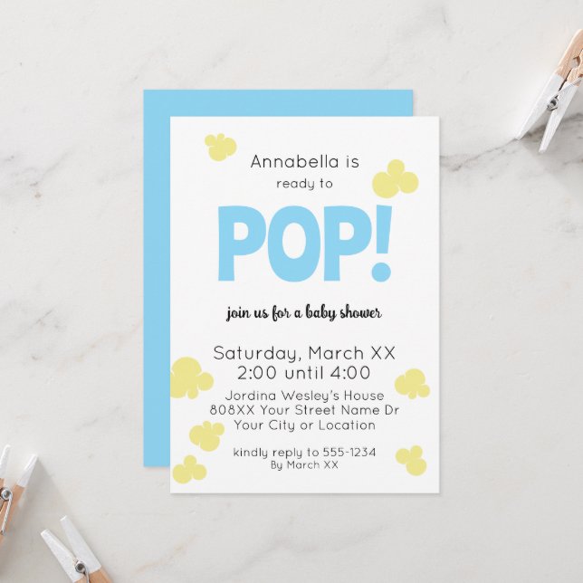 Ready to Pop Cute Boy Blue Popcorn Baby Shower Invitation (Front/Back In Situ)