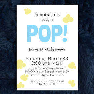 Ready to Pop Cute Boy Blue Popcorn Baby Shower Invitation