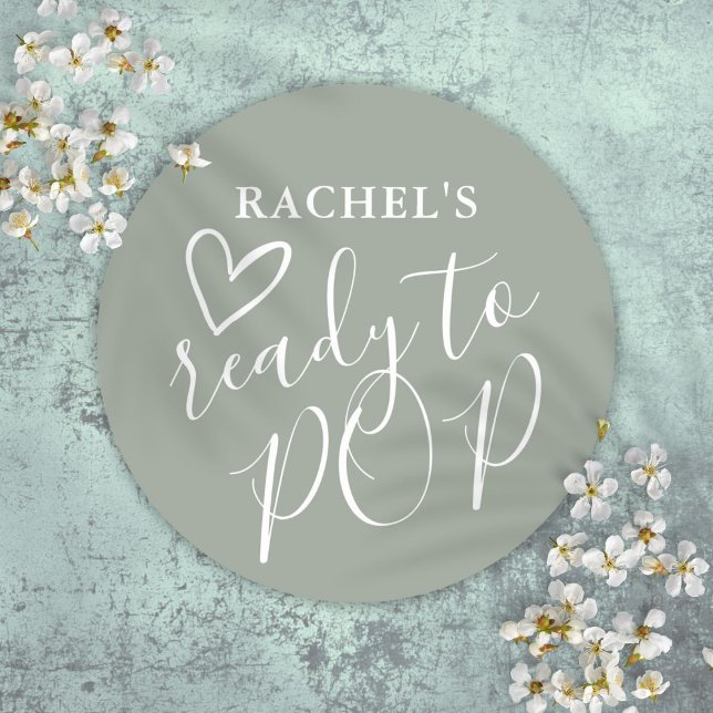 Ready To Pop Cute Heart Sage Green Baby Shower Classic Round Sticker (Ready To Pop Cute Heart Sage Green Baby Shower Classic Round Sticker)