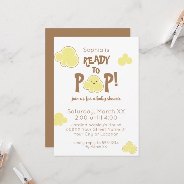 Ready to Pop Cute Popcorn Baby Shower Invitation (Front/Back In Situ)