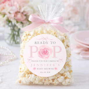 Ready to Pop Floral Bow Baby Shower Popcorn Bag  Classic Round Sticker