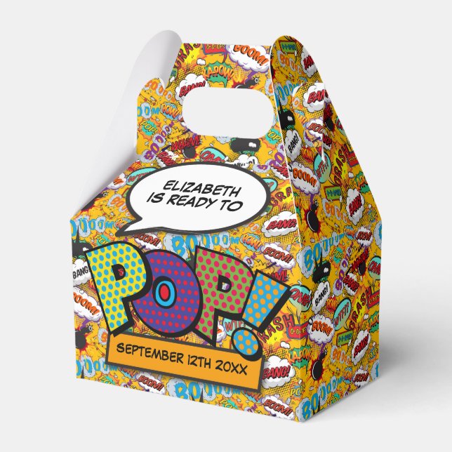 Ready To Pop Fun Modern Comic Book Baby Shower Favour Box (Front Side)