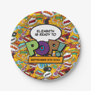 Ready To Pop Fun Modern Comic Book Baby Shower Paper Plate