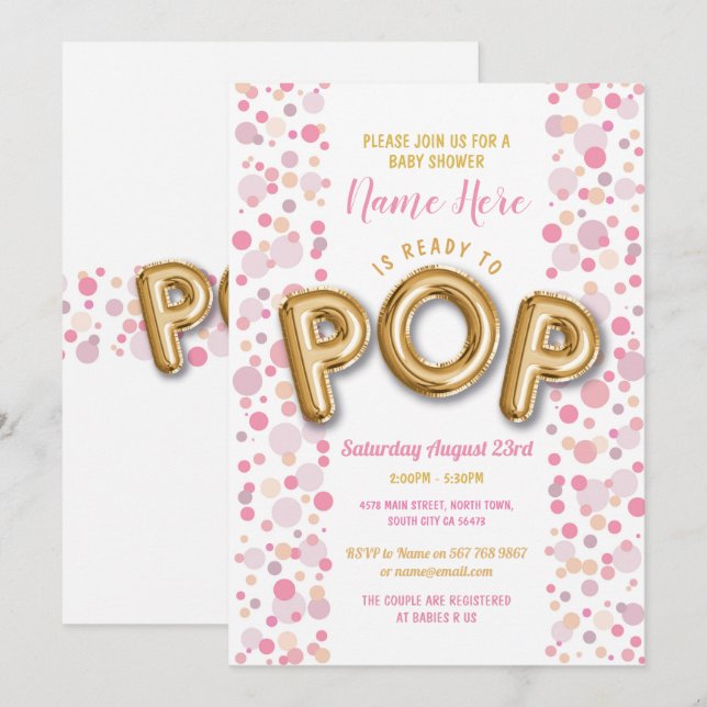 Ready to POP Girl Baby Shower Gold & Pink Invite (Front/Back)