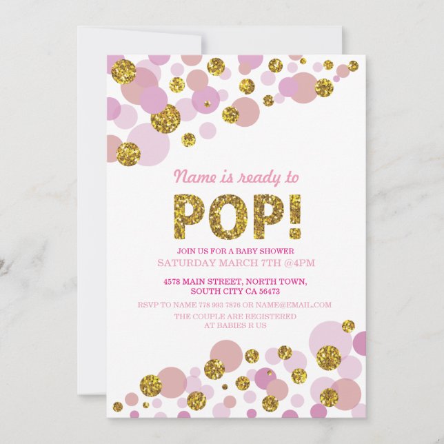 Ready to Pop Girl Baby Shower Pink Gold Invite (Front)