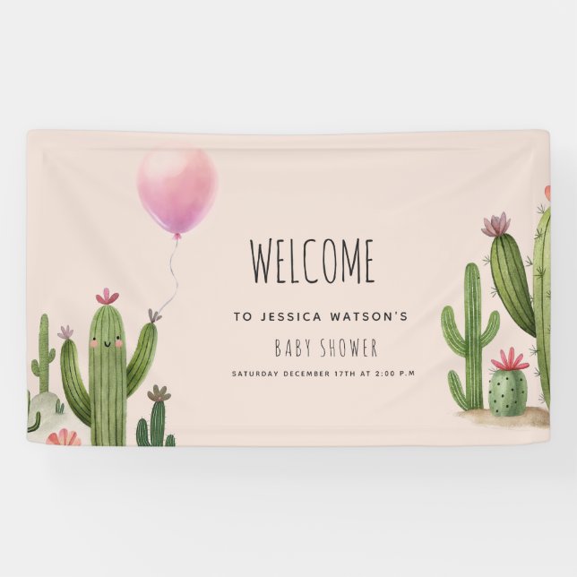 Ready to Pop Girl Balloon Cactus Green Baby Shower Banner (Horizontal)