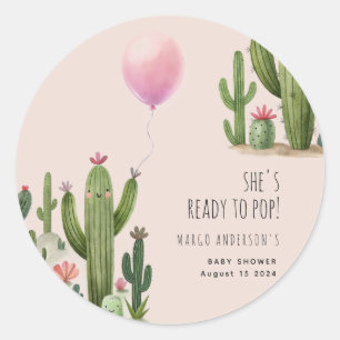 Ready to Pop Girl Balloon Cactus Green Baby Shower Classic Round Sticker