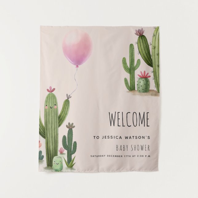 Ready to Pop Girl Balloon Cactus Green Baby Shower Tapestry (Front)
