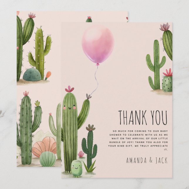 Ready to Pop Girl Balloon Cactus Green Baby Shower Thank You Card (Front/Back)