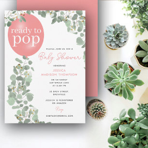 Ready to Pop Girl Eucalyptus Balloon Baby Shower Invitation