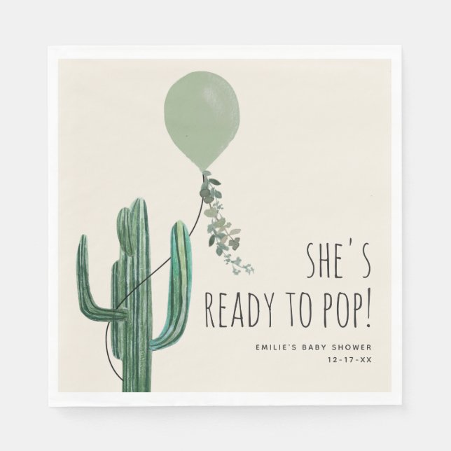 Ready to Pop Green Balloon Cactus Neutral Baby Napkin (Front)
