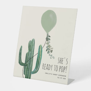 Ready To Pop Green Balloon Cactus Neutral Baby Pedestal Sign